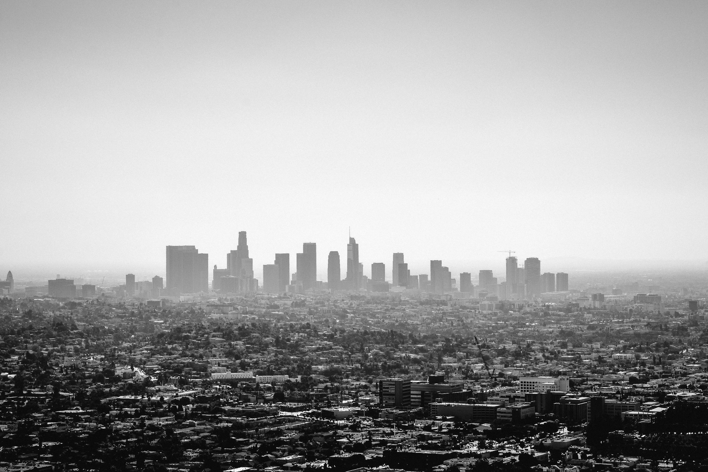 Downtown Los Angeles skyline in daylight haze